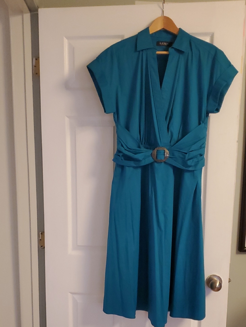 Lauren Ralph Lauren Teal Faux-Wrap Midi Dress with Buckle Waist
